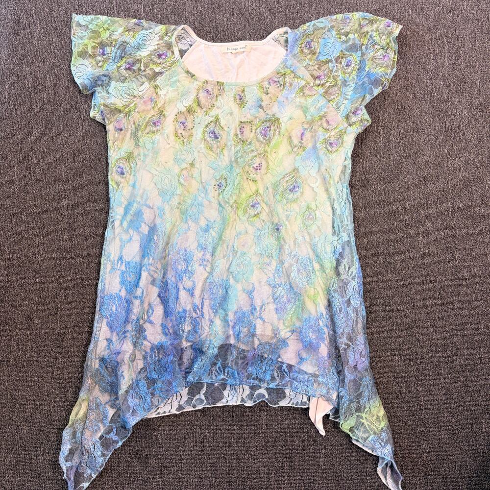 Vintage Y2k Fairy Asymmetrical Lace Rhinestone Mcbling Women's Top Medium